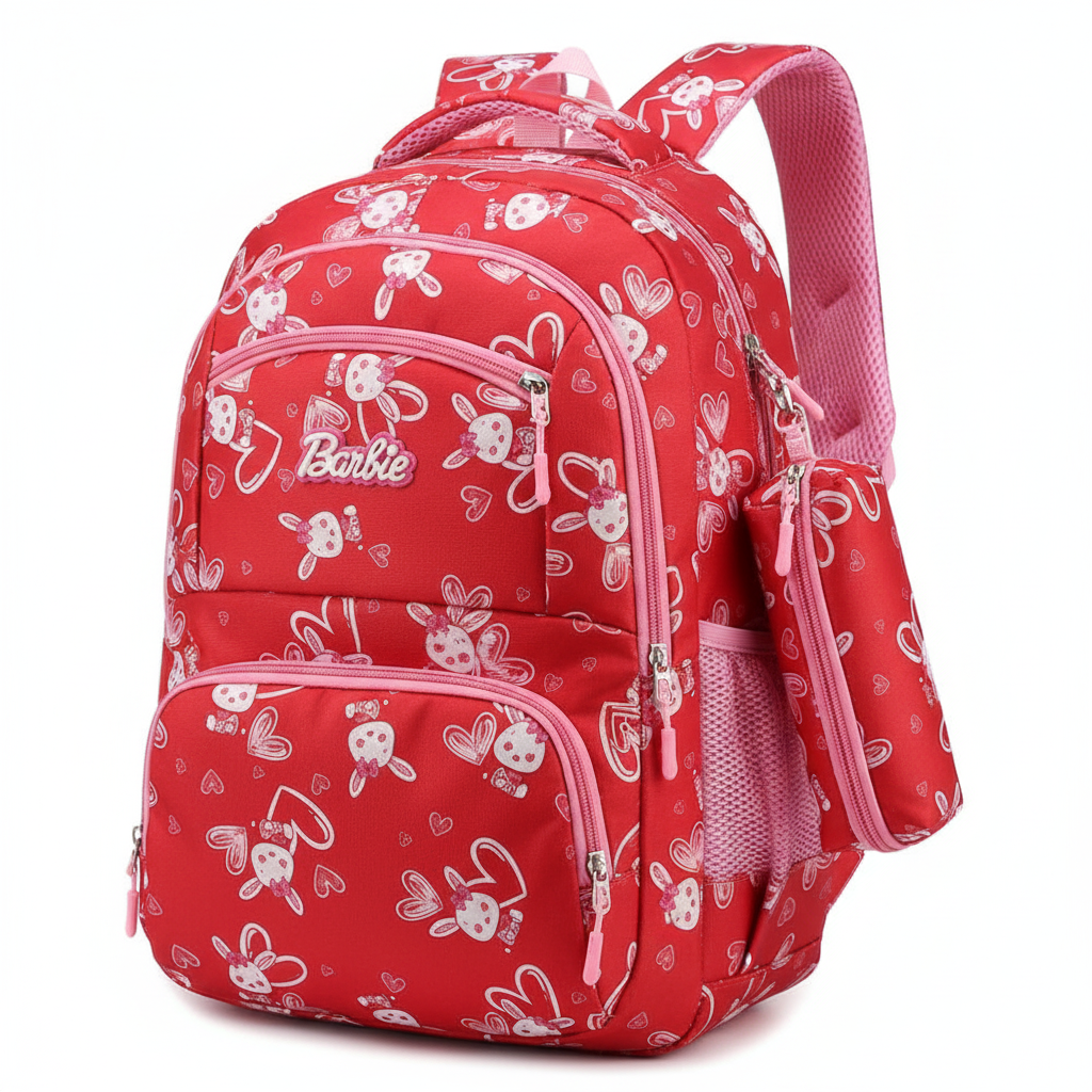 Red and white Barbie print kids backpack