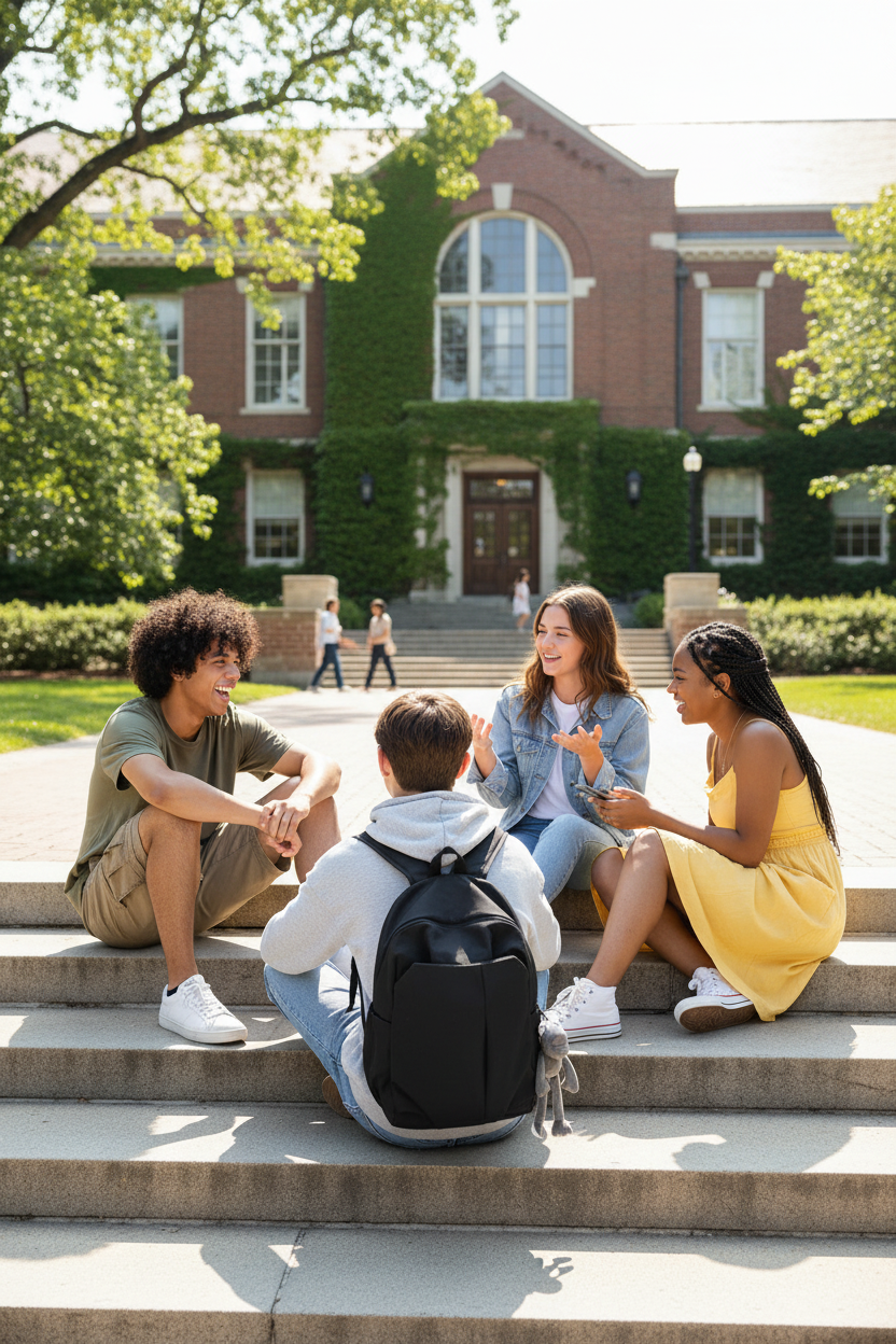Teen on campus with black minimalist backpack