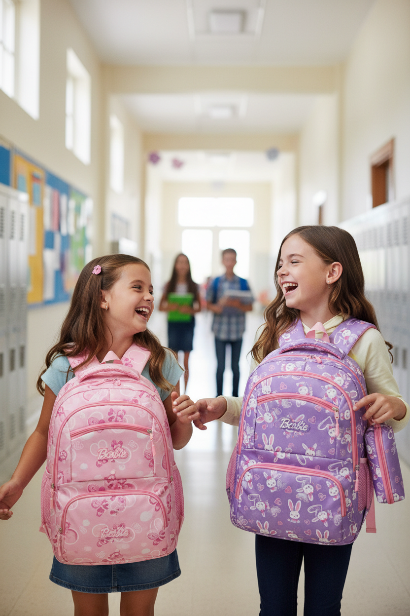 Two girls at school with Barbie backpacks