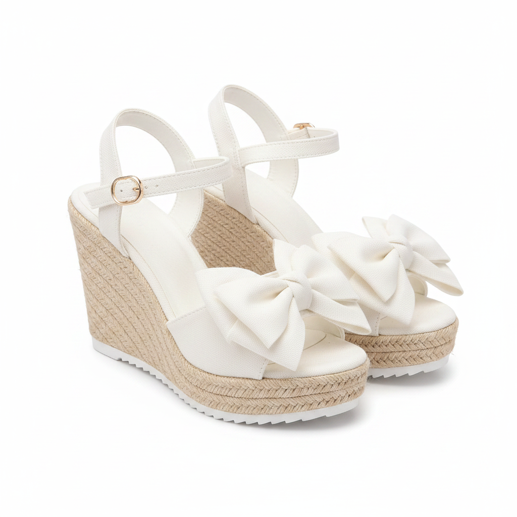 White bow wedge sandals