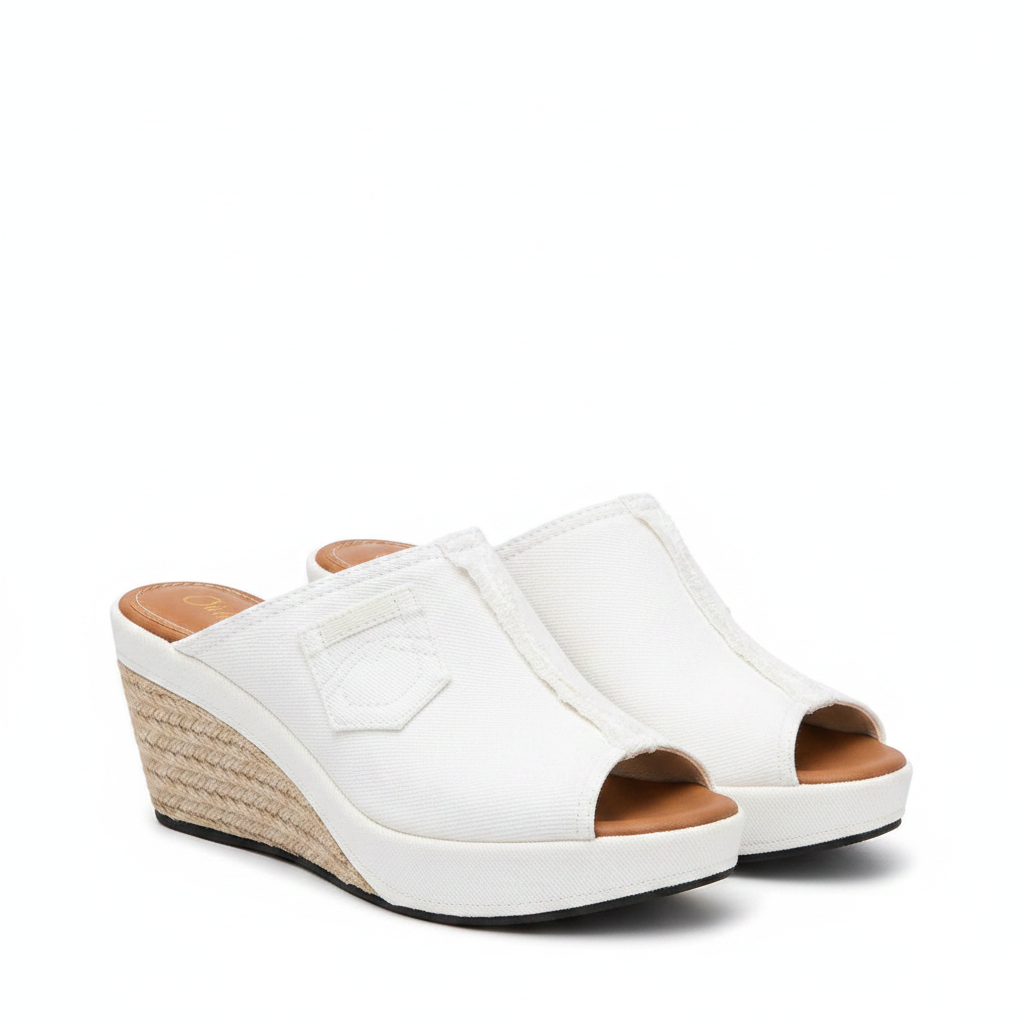 White denim wedge mule sandals