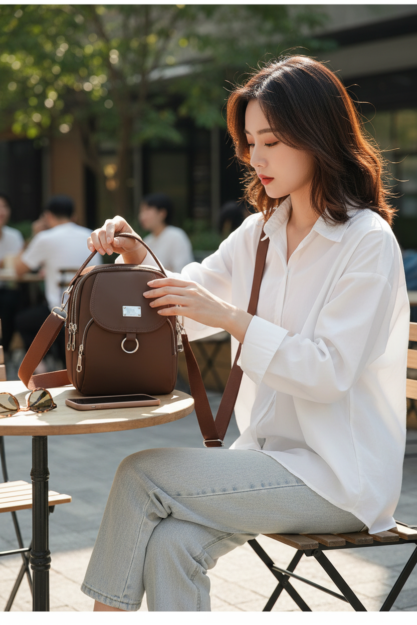 Woman at cafe with brown bag