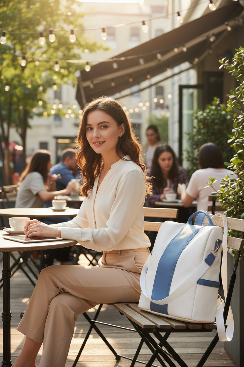Woman at cafe with white and blue stripe backpack