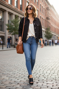 Woman in city wearing black denim wedge mule sandals