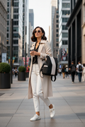 Woman in city with black and white stripe backpack