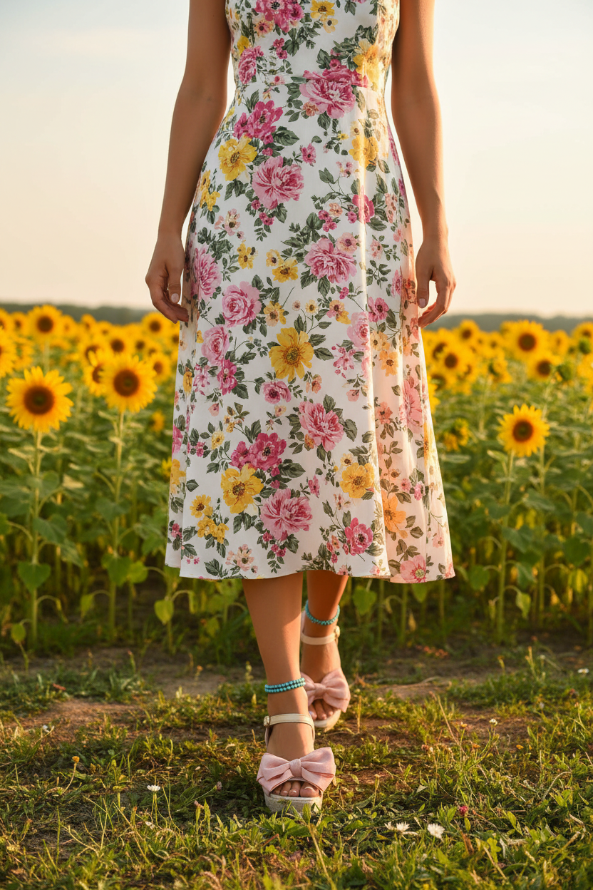 Woman in summer garden wearing pink bow wedge sandals