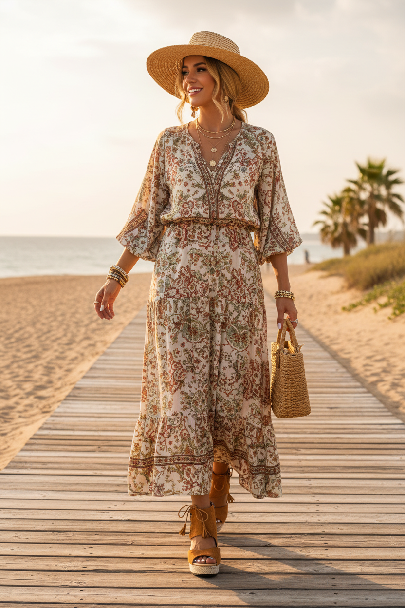 Woman on beach boardwalk in tan suede tassel wedge sandals
