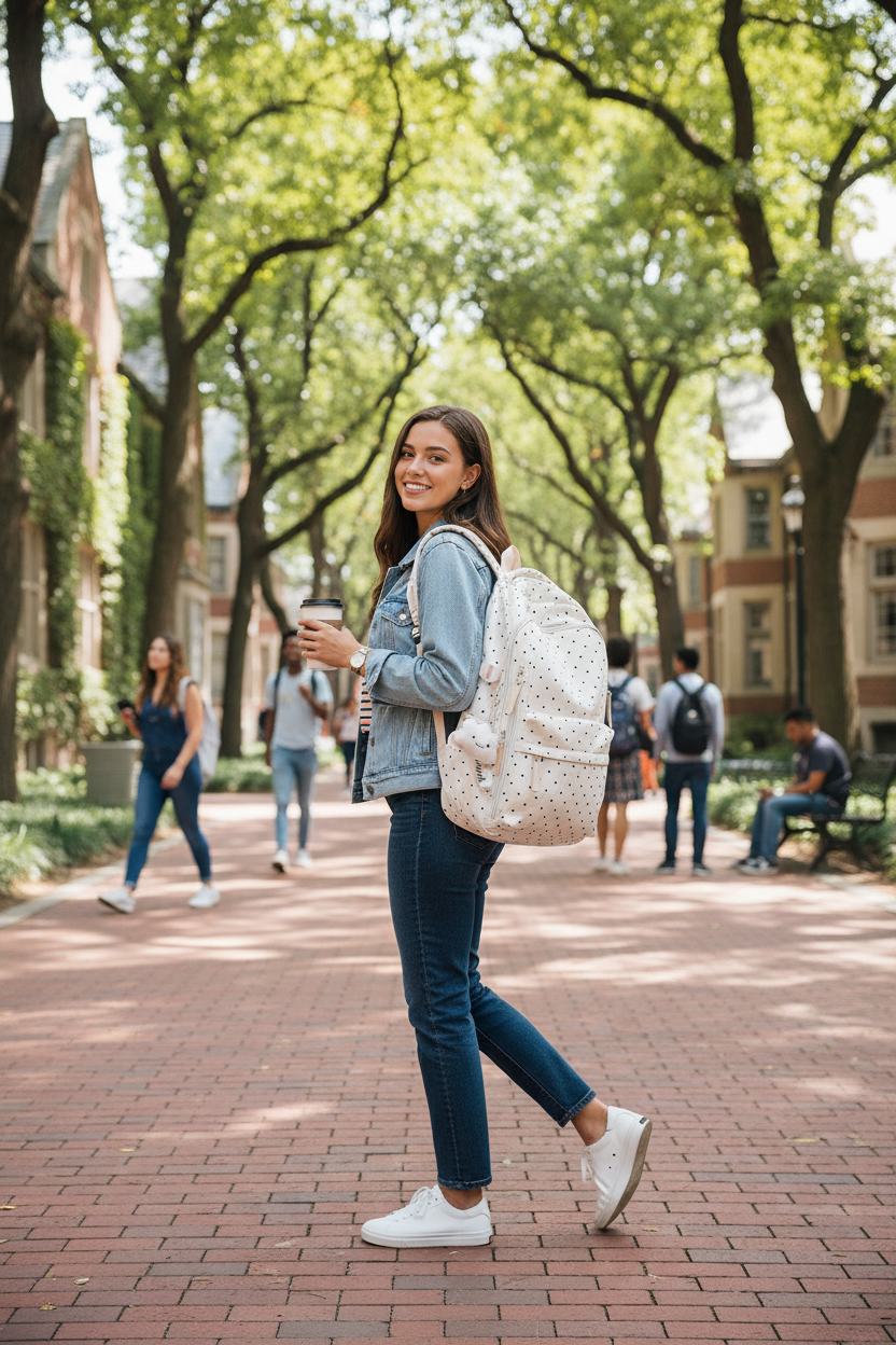 Woman on campus with cream polka dot backpack
