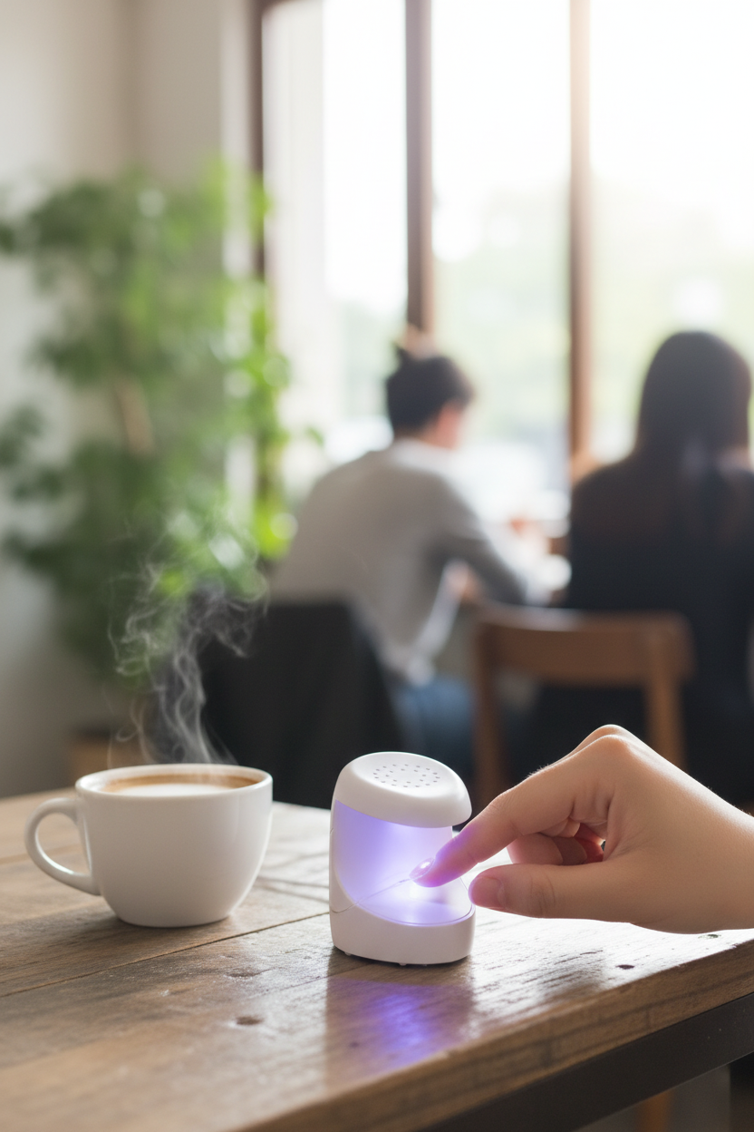 Woman using mini UV nail lamp at cafe