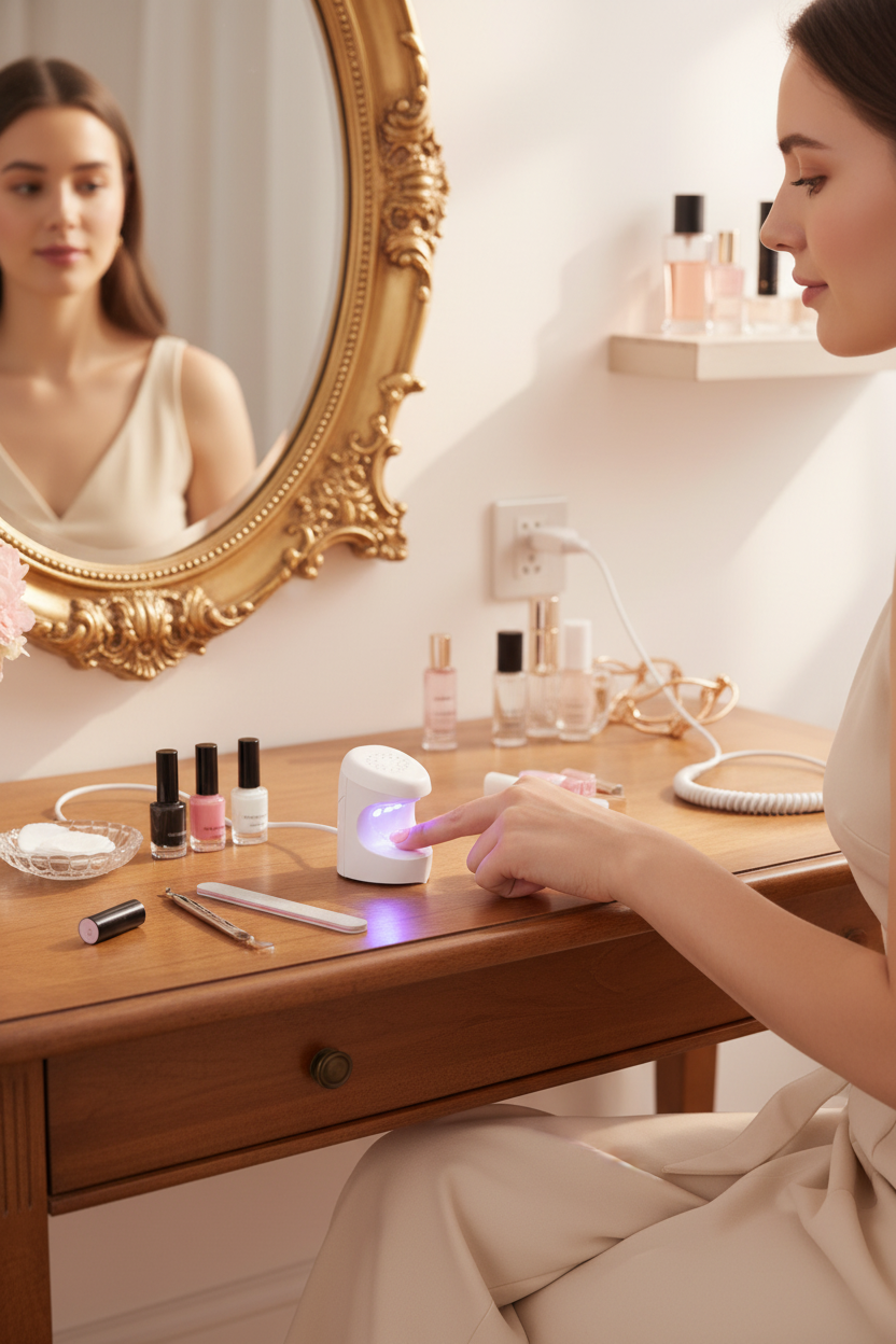 Woman using mini UV nail lamp at vanity