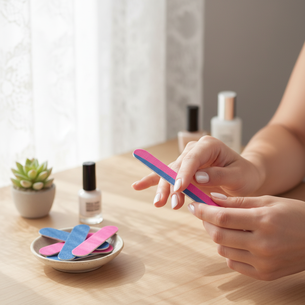 Woman using pink and blue nail file close-up
