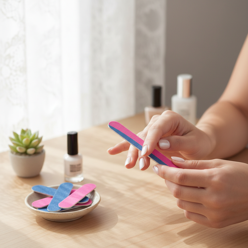 Woman using pink and blue nail file close-up