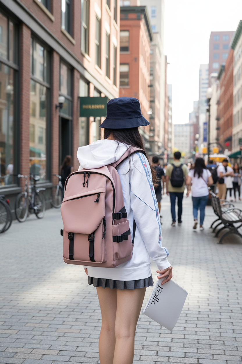 Woman wearing pink utility backpack in city
